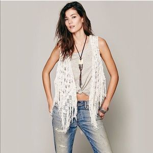 Ivory hooded crochet fringe vest XS